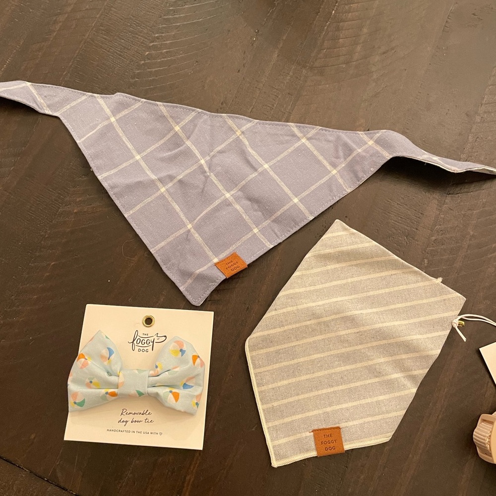 Bundle of Foggy Dog bandanas and bow tie - bandanas size small.